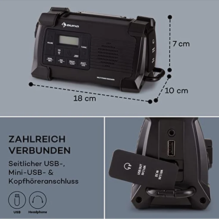Auna Patagonia DAB+ Outdoor-Radio, DAB/DAB+ und FM, Solar-Akku, wasserdicht, mit Taschenlampe und Notfall-Sirene – Bild 6