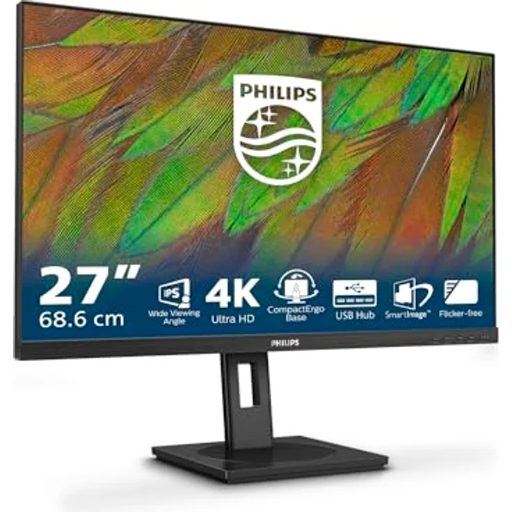 Philips 27B1N3800, 27 Zoll Ultra HD Monitor mit höhenverstellbarem Standfuß, integrierten Lautsprechern und Adaptive Sync (3840x2160, 60 Hz, 2x HDMI 2.0, 1x DisplayPort 1.4, USB Hub), schwarz