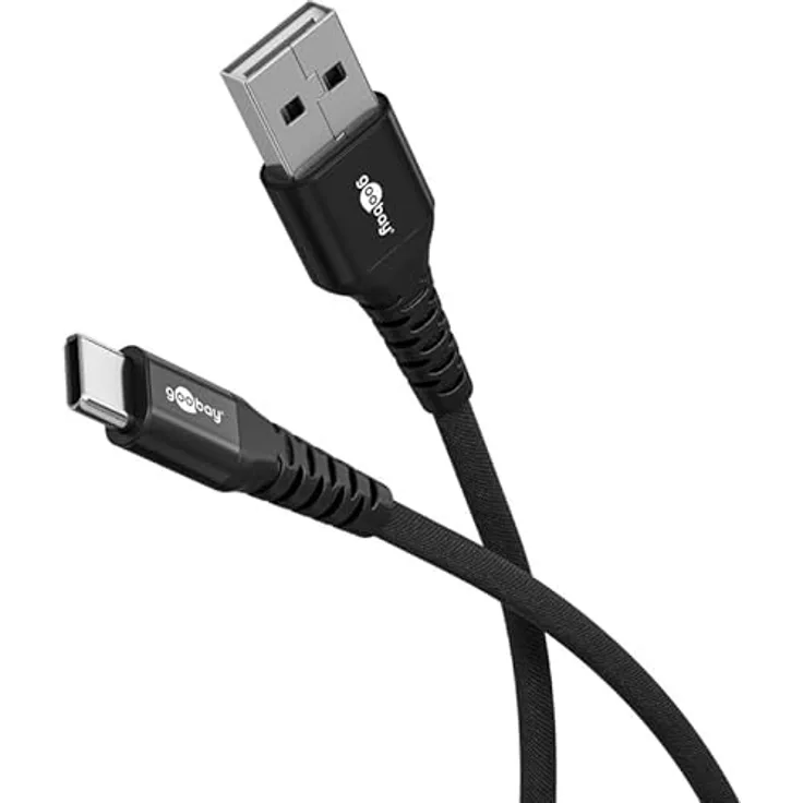 goobay USB-A auf USB-C 60W Ladekabel / Flexibles Textilkabel / 480 Mbits Datenübertragung / Samsung, Xiaomi, Google, Nothing Phone / Schwarz