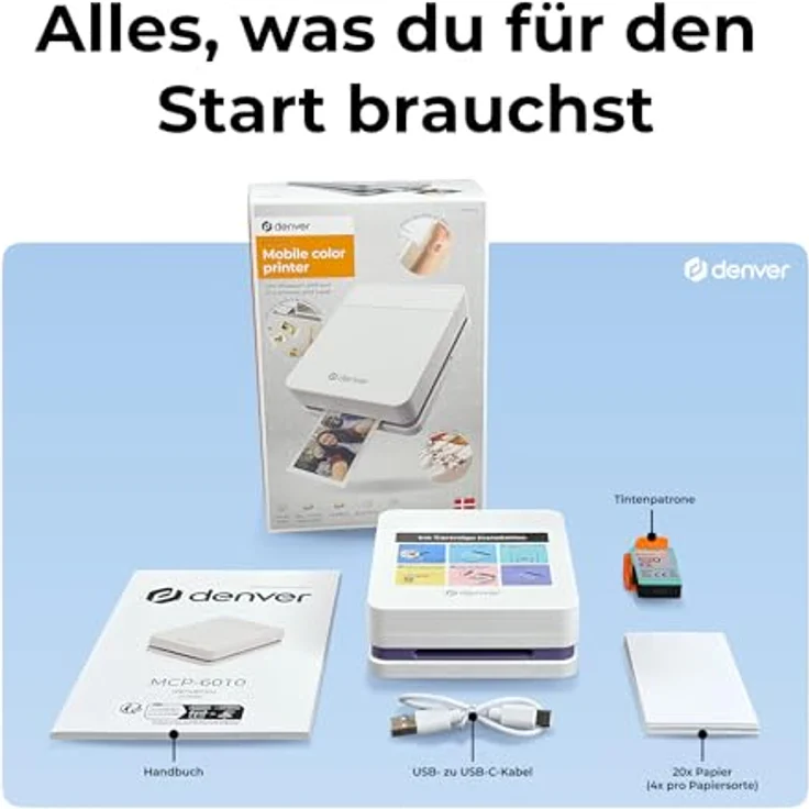 Denver MCP-6010 Mini Fotodrucker, mobiler Farbdrucker mit Bluetooth 5.2, 600 DPI, inkl. Patrone & 20 Blatt Fotopapier Set – Bild 6