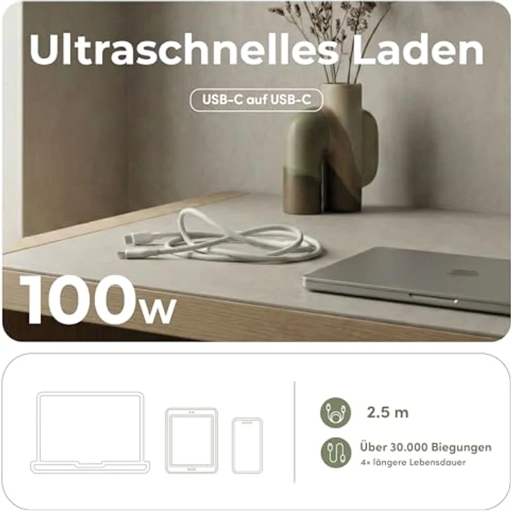 UPSTRÖM ËSSENTIALS CC250-100W-E, 2,5 m USB-C auf USB-C Ladekabel, 0,48 Gbit/s, Schnellladung, Weiß – Bild 2
