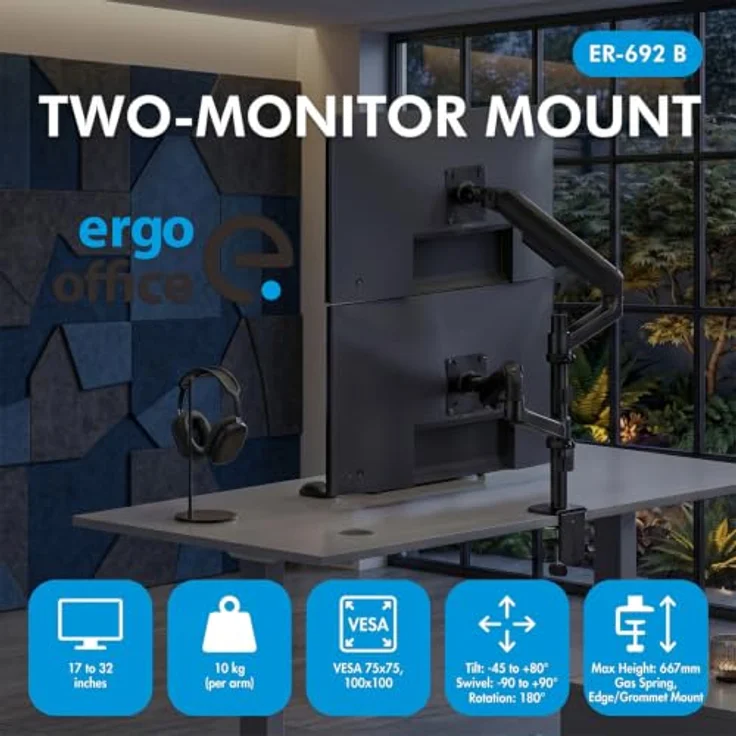 Ergo Office ER-692 Dual-Monitorhalterung für 2 Monitore (17–32 Zoll) mit Gasfedern, bis 10 kg pro Arm, VESA 75x75/100x100 – Bild 7