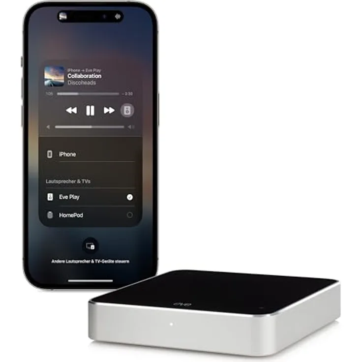 Eve Play – Audiostreaming Adapter für AirPlay, Automatischer Latenzausgleich, Leistungsstarker Digital-Analog-Wandler, DREI Audioausgänge, Apple Home, Ethernet und WiFi