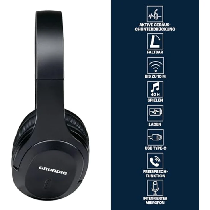 Grundig Bluetooth Over Ear Kopfhörer, 40 Stunden Spielzeit, inkl. 3,5mm Audiokabel und USB-C Ladekabel, Faltbar mit Mikrofon – Bild 2