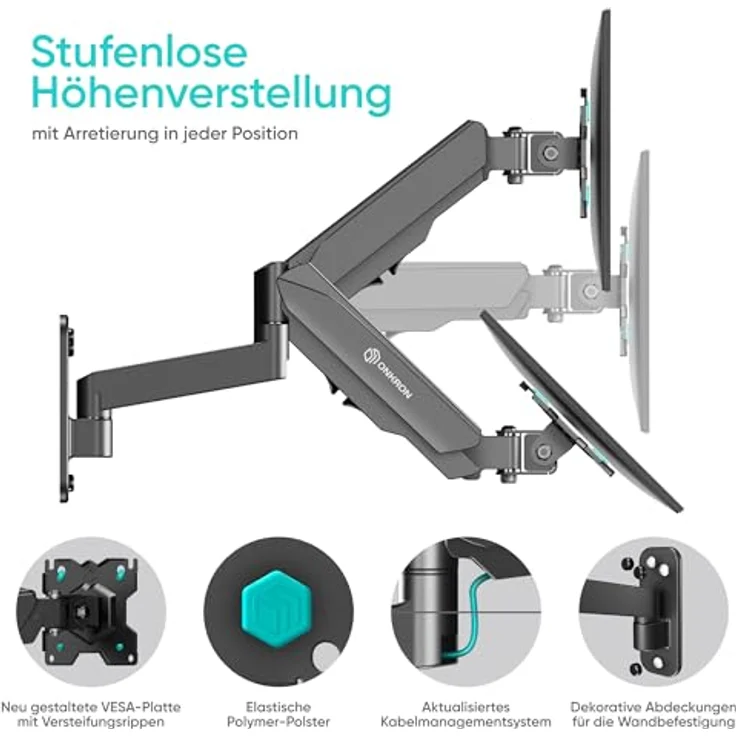 ONKRON Monitor Halterung, Wandhalterung drehbar, schwenkbar, neigbar für 13-34 Zoll Bildschirme, VESA 75x75/100x100, Einarm, Schwarz G150 – Bild 4