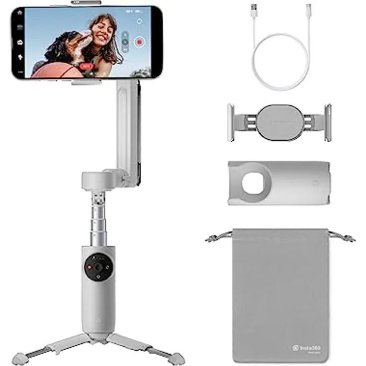 Insta360 Flow - KI-gestützter Smartphone-Gimbal, Smartphone-Gimbal,Handy, m. Auto-Tracking, 3-Achsen-Stabilisierung, Integrierter Selfie-Stick & Stativ, Tragbar & Zusammenklappbar, Hellgrau