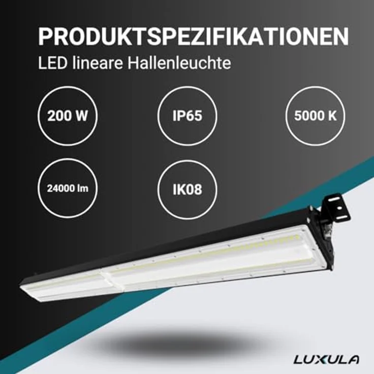 LUXULA LED Hallenleuchte High-Bay Hallenstrahler mit Marken-LEDs - 200W 24000lm - 5000K Neutralweiß Tageslicht - IP65 IK08 - linear - Industrielampe Werkstatt Lager – Bild 3