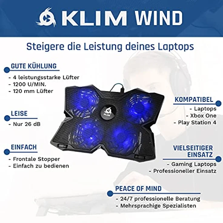KLIM® Wind Laptop Kühler, Leistungsstark mit 4 Lüftern für PC und PS4, schneller Kühlvorgang, stabiler Laptop Ständer, Blau – Bild 2