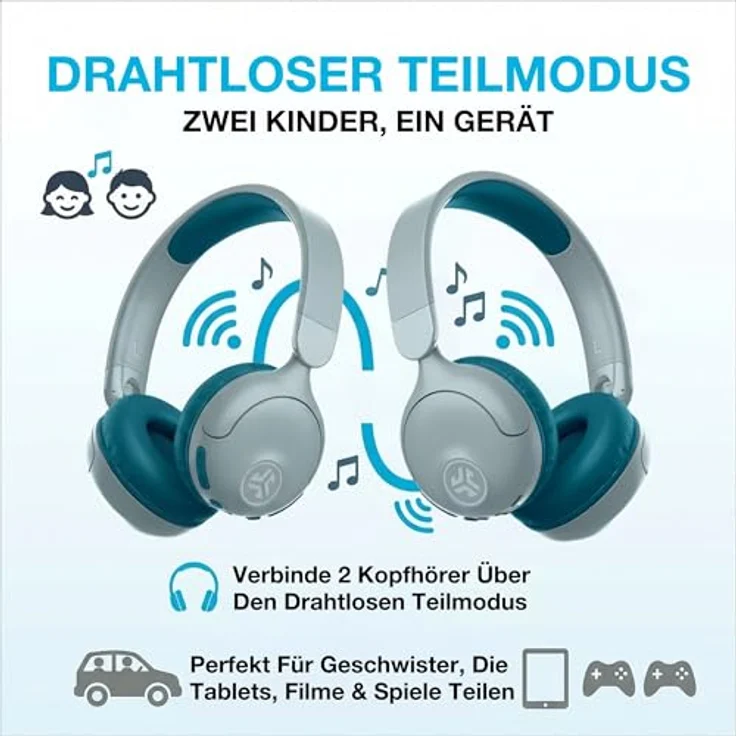 JLab Audio JBuddies Pop, kabellose On-Ear Kinderkopfhörer mit 48 h Akkulaufzeit, Lautstärkebegrenzung, Teal – Bild 6