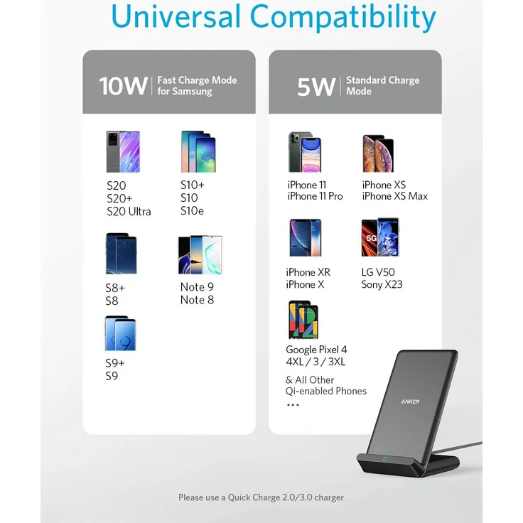 Anker 313 Kabelloser Ladeständer, Qi-zertifiziert, geeignet für Apple iPhone 12, 12 Pro Max, SE, 11, 11 Pro, 11 Pro Max, XR, XS Max, Samsung Galaxy S22, S21,10 W Schnellladefunktion, schwarz (ohne Netzteil) – Bild 3