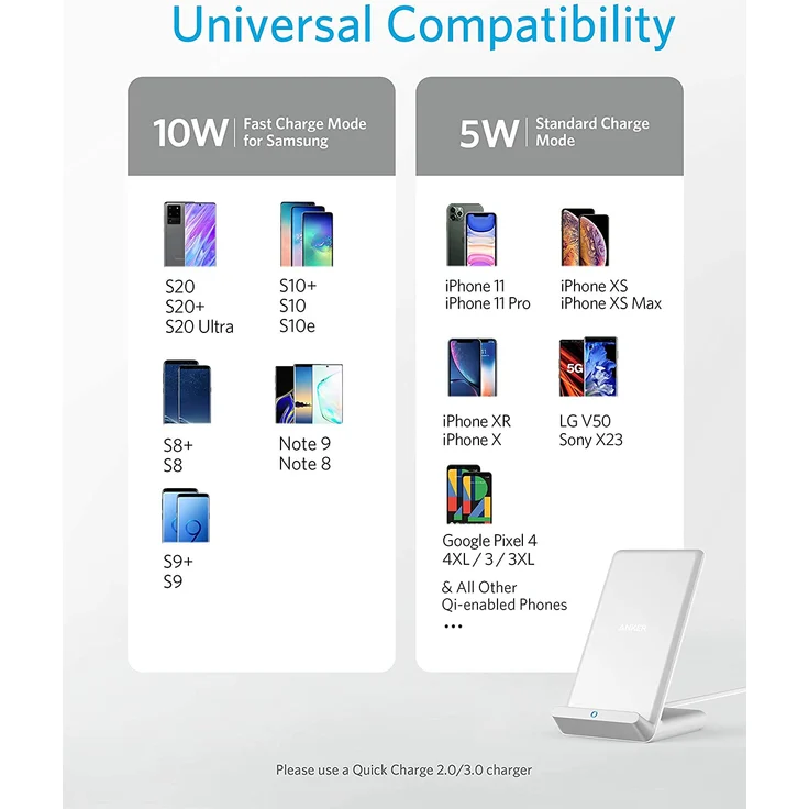 Anker 313 Kabelloser Ladeständer, Qi-zertifiziert, geeignet für Apple iPhone 12, 12 Pro Max, SE, 11, 11 Pro, 11 Pro Max, XR, XS Max, Samsung Galaxy S22, S21,10 W Schnellladefunktion, weiß (ohne Netzteil) – Bild 3