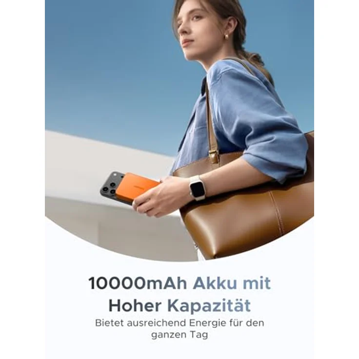 UGREEN MagFlow Magnetische Powerbank 10000mAh 25W, Qi2 Magsafe mit USB-C und integriertem Kabel, LED-Bildschirm, für iPhone 16-17 Serie, Orange – Bild 4