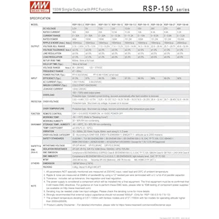 Mean Well RSP-150-13.5, 151,2 W Netzteil mit 13,5 V, 11,2 A, aktivem PFC und freier Luftkonvektion – Bild 2