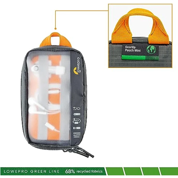 Lowepro GearUp Pouch Mini, Travel Essentials Case, Reiseetui für Telefonkabel, Kabel, Adapter, Akkus, Ladegeräte & USB-Sticks, Smartphone-Zubehörtasche, Hergestellt aus Recyclingmaterial, Grau – Bild 2