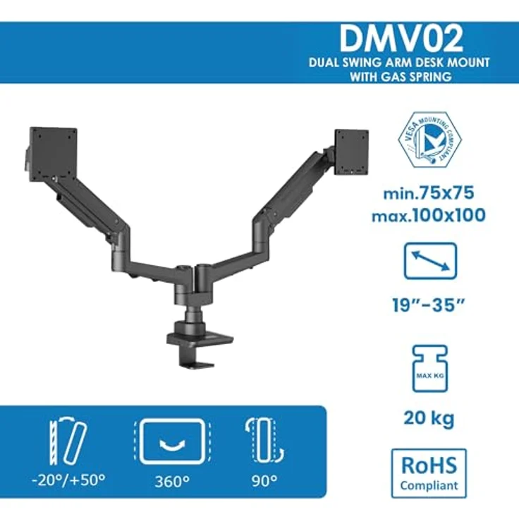 EDBAK Monitor Halterung 2 Monitore für 19-35 Zoll Bildschirme, VESA 75/100 mm, mit Gasfeder, Drehbar, Ergonomischer Bildschirmhalterung, Schwarz – Bild 2