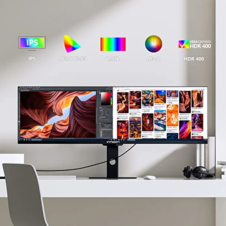 INNOCN Ultra Wide Gaming Monitor 44 Zoll, 3840 x 1080P 120Hz Bildschirm, IPS, FreeSync Premium, HDR, 10 bit Farben, △E＜2, USB-C 65W, Höhenverstellbar, Foto Videobearbeitung, Schwarz, 44C1G – Bild 2