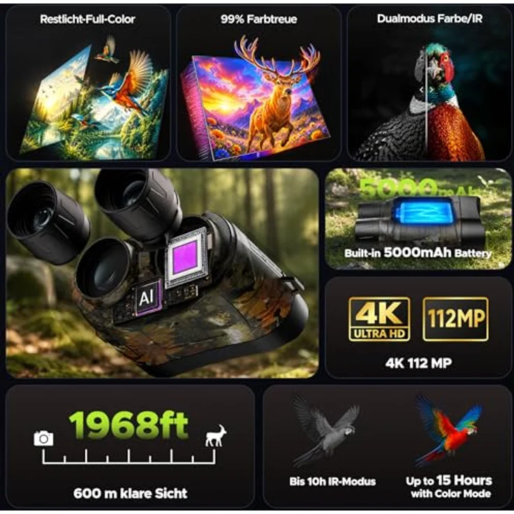 HOTPEAK Nachtsichtgerät 4K 112MP, 600m Reichweite, 18-fach Zoom, 4 Zoll HD Bildschirm, 32GB Karte, wiederaufladbar, 5000mAh Akku für Jagd, Camping und Beobachtung – Bild 5