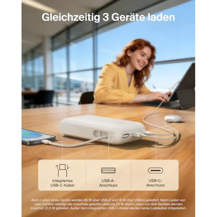 Belkin UltraCharge 20000mAh Power Bank, integriertes USB-C-Kabel, 45 W Leistung, digitale Anzeige – Beige – Bild 3