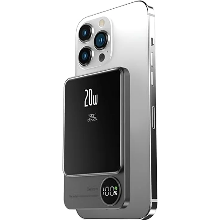 S&T Design Magnetische Powerbank 5000mAh, (Magsafe Kompatibel), Kabellose Externer Akku für iPhone Serie, PD 20W Mini Powerbank USB-C, Klein Aber Stark, Grau – Bild 1