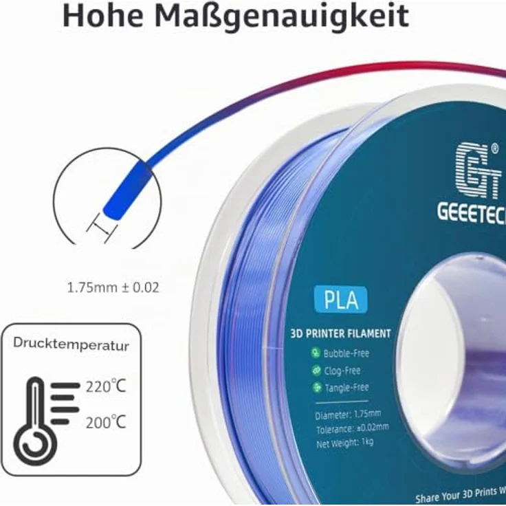 GEEETECH Silk PLA Filament 1,75mm, 3D Drucker Filament 1KG/Spule, zweifarbig Rot Blau mit glänzender Oberfläche und hoher Maßgenauigkeit – Bild 5