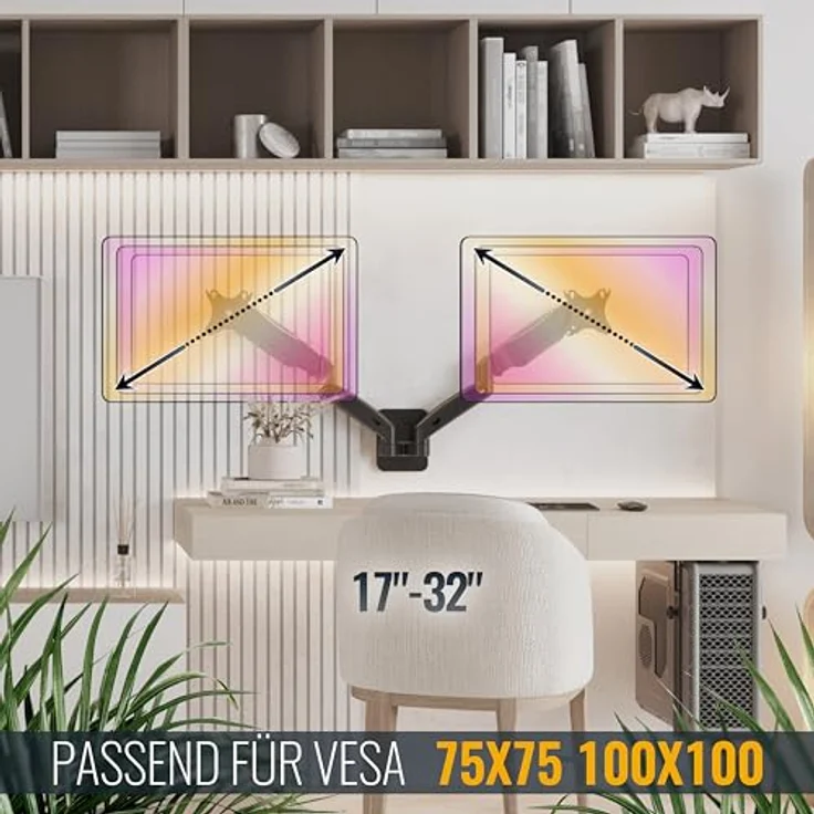 RICOO PC Monitor Wandhalterung 2 Monitore höhenverstellbar Gasfeder Schwenkbar Neigbar Bildschirm 17-24 Zoll, Halterung Wand S4711, VESA 75 x 75, 100x100 mm, schwarz – Bild 5