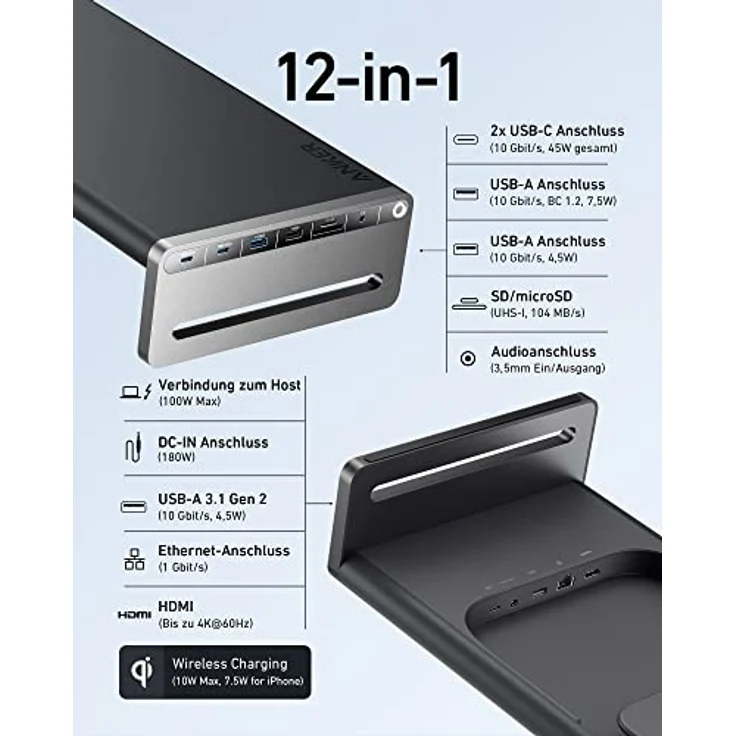 Anker 675 USB-C Docking Station (12-in-1) mit 10 Gbps USB-C Anschlüssen, 4K@60Hz HDMI Bildschirm, kabellosem Ladegerät, in schwarz – Bild 2