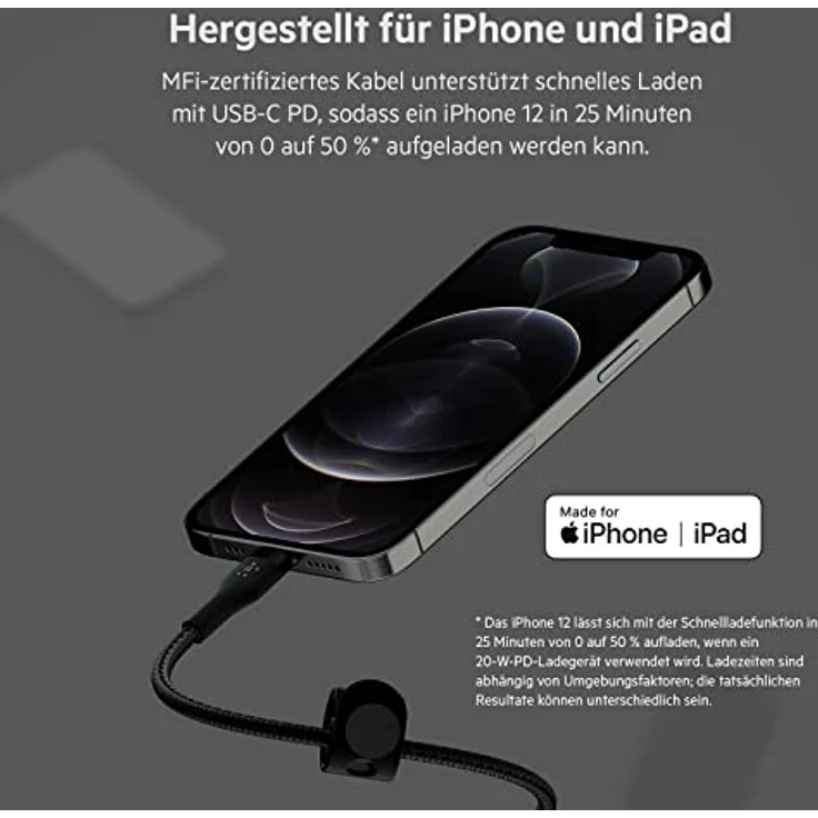 Belkin BOOST CHARGE PRO Flex USB-C zu Lightning Kabel, 15W, 2m, MFi-zertifiziert, schwarz, extrem langlebig und knickfest mit magnetischem Kabelmanagement – Bild 2