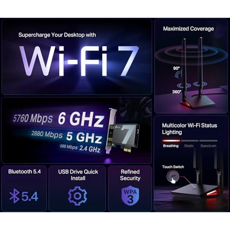 TP-Link Archer TBE550E WLAN-Karte für PC, Tri-Band BE9300 Wi-Fi 7 Bluetooth 5.4 PCIe Adapter, WPA3, mehrfarbige Status-LED, nur für Windows 11 (64-Bit) – Bild 4