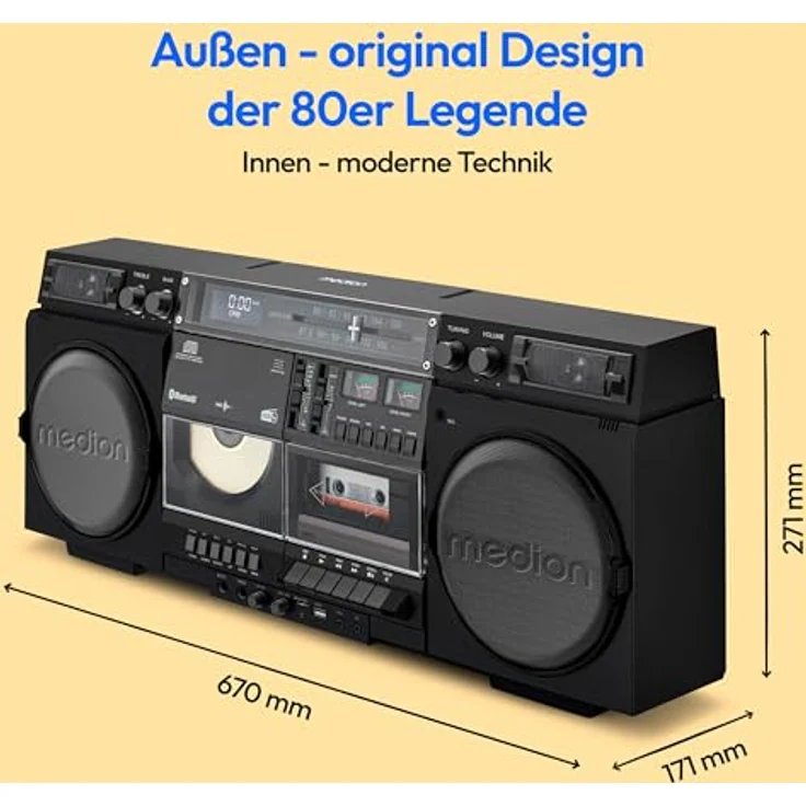 MEDION LIFE® P66538 Retro-Boombox, DAB+/UKW, Bluetooth® 5.3, CD-Player, Kassettendeck, X-Bass, 2x10W RMS – Bild 8