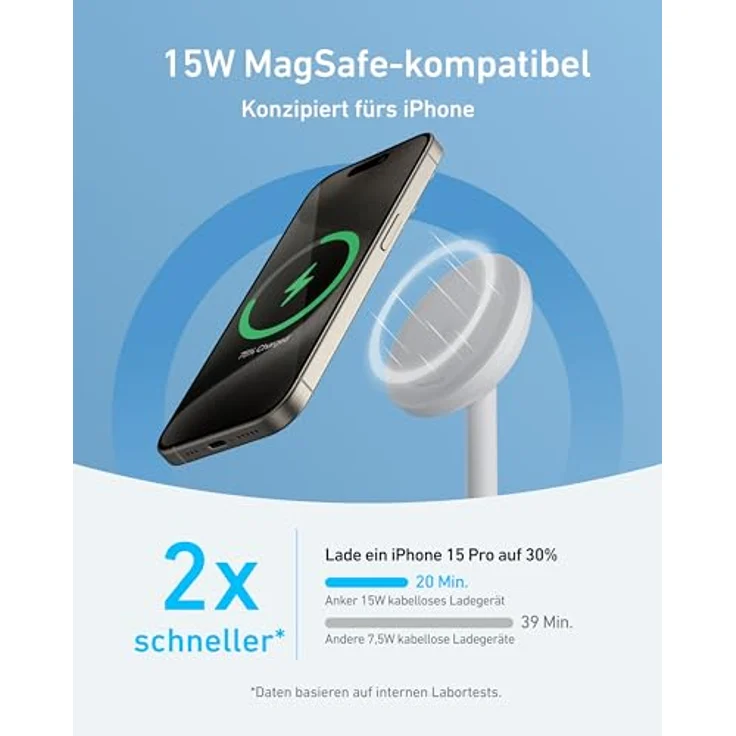 Anker MagGo Wireless Charger (15W), kabelloses Ladegerät mit integriertem Ständer und 360° Drehmechanismus, Weiss – Bild 2
