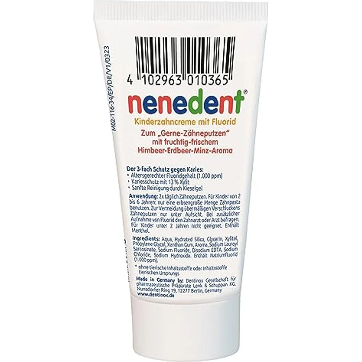 NENEDENT Kinderzahncreme mit Fluorid, 50 ml, Himbeer-Erdbeer-Pfefferminz-Aroma, 1.000 ppm Natriumfluorid, 13 % Xylit, ohne Natriumlaurylsulfat und Konservierungsstoffe, 2-6 Jahre – Bild 3