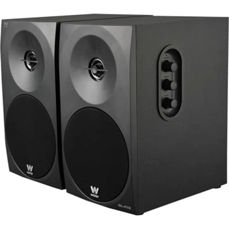 Woxter Dynamic Line 410 Black - 2.0 Stereo-Lautsprecher (mit 150W Leistung angetrieben, Holz, 4, Woofer, 2 Hochtöner, 3,5 mm, RCA, Bassreflex-Control (Lautstärke, Höhen, Bass), Farbe schwarz – Bild 6