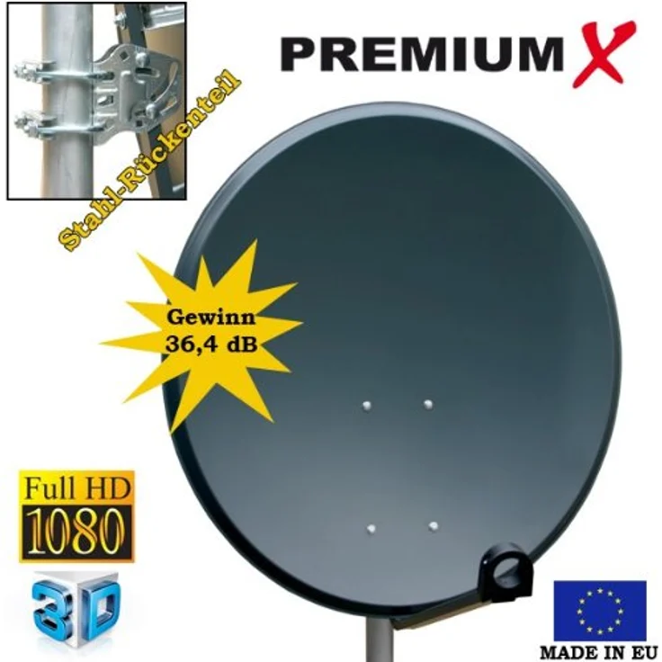 PremiumX PXS45 Satelliten-Komplettanlage, 45 cm Anthrazit Stahl, Single LNB für optimalen Empfang, 2X F-Stecker – Bild 2