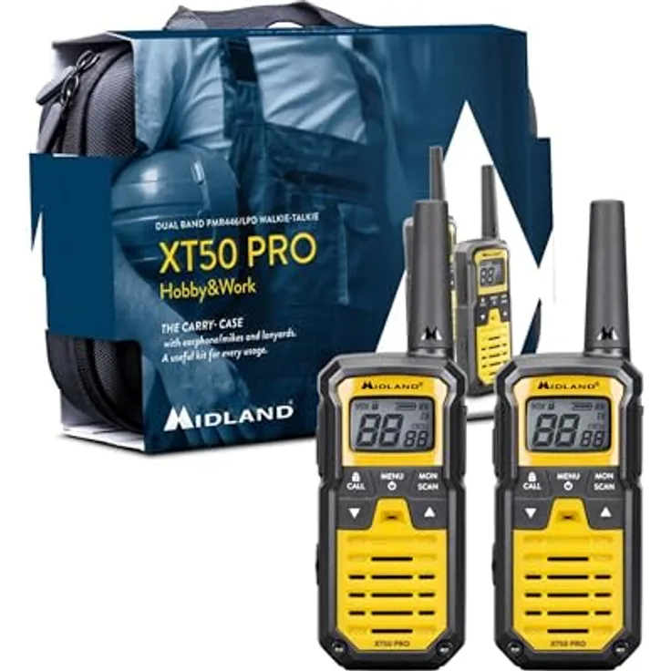Midland XT50 Pro Walkie-Talkie mit 16 Kanälen, Reichweite bis zu 8 km, IPX2 wasserfest, Gelb