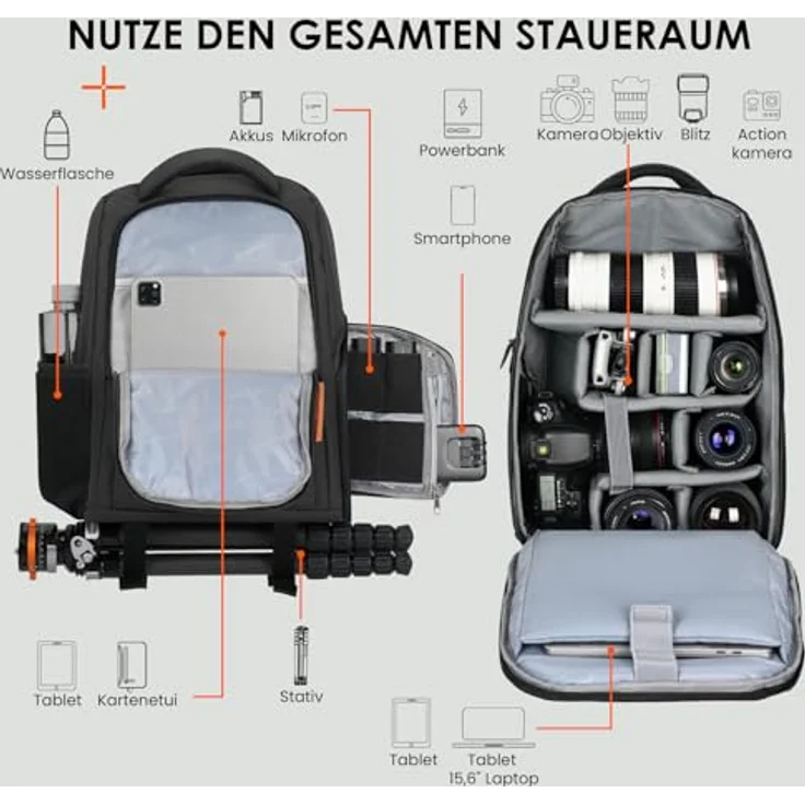 TARION Kamerarucksack, Wasserdichter Fotorucksack für Spiegelreflexkameras, Leicht und Kompakt, 15 Zoll Laptopfach, Schwarz – Bild 2