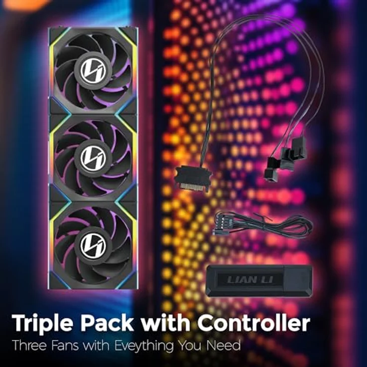 Lian Li UNI FAN SL Wireless LCD Lüfter, ARGB, PWM, 3er-Pack inkl. Controller - Reverse Blade, 120 mm, schwarz - Leistungsstarke RGB Gehäuselüfter – Bild 3