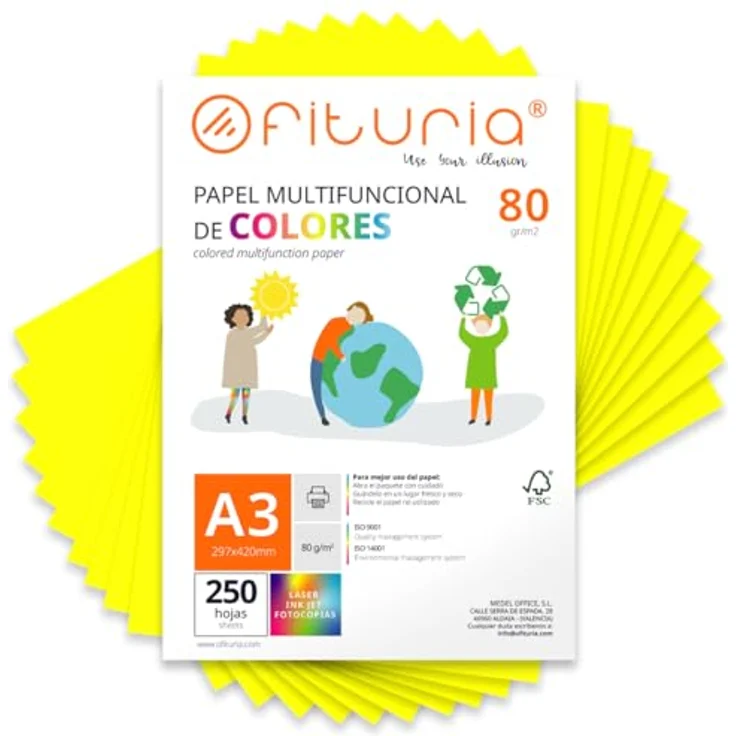 OFITURIA Farbbögen A3, Packung mit 250 Blatt, 80 g – Neongelb, ideal für Basteln, Drucker, Scrapbooking und Origami – Bild 1