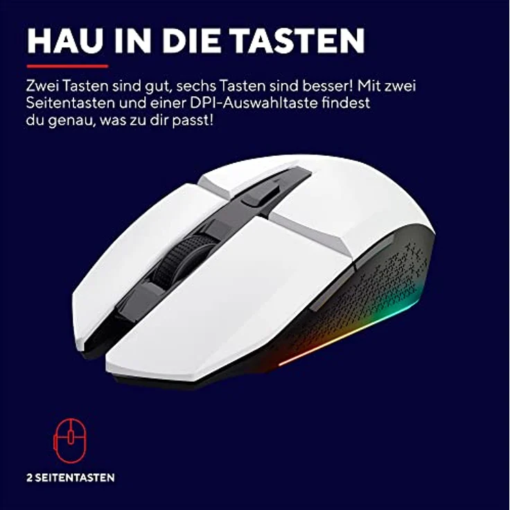Trust Gaming GXT 110W Felox Wiederaufladbare Kabellose Gaming-Maus, 80 Stunden Akkulaufzeit, 800-4800 DPI, LED-Beleuchtung, 6 Tasten, Wireless Mouse für PC, Laptop, Computer, Windows – Weiß – Bild 5