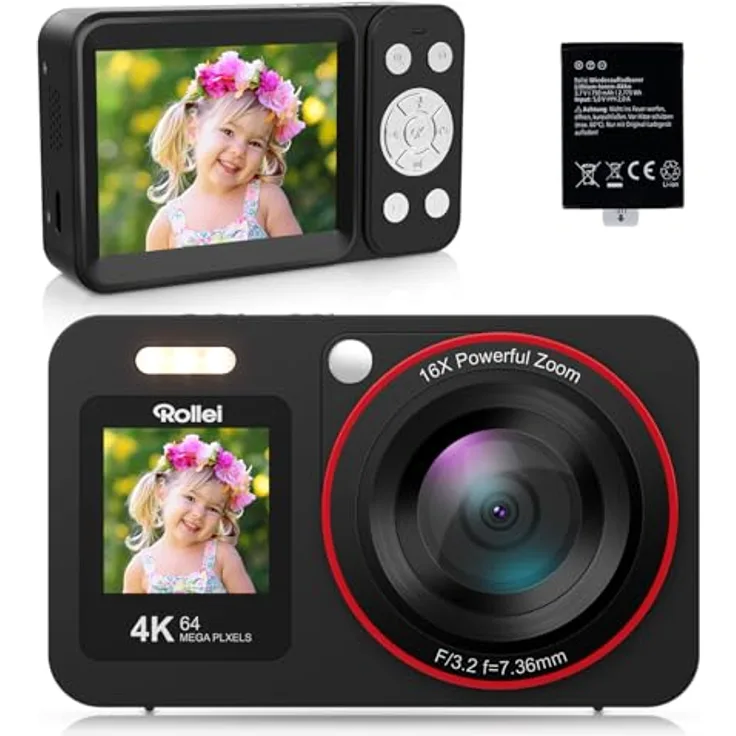 Rollei Compactline 64, Digitalkamera mit 64MP und 18X Zoom, Dual Display für Kids und Anfänger, Schwarz