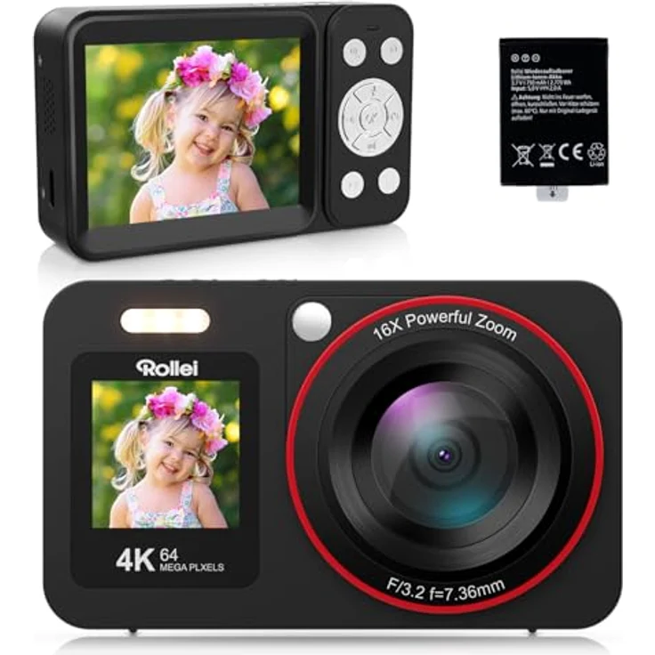 Rollei Compactline 64, Digitalkamera mit 64MP und 18X Zoom, Dual Display für Kids und Anfänger, Schwarz – Bild 1