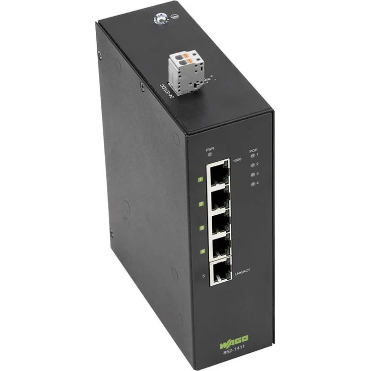 Wago Industrial Ethernet Switch ECO Switch 5 Ports 1000BASE T (5 Ports), Netzwerk Switch mit PoE+ Unterstützung, DC-24V Spannungswandler, Tragschienenmontage
