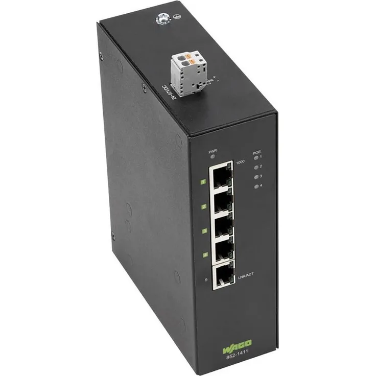 Wago Industrial Ethernet Switch ECO Switch 5 Ports 1000BASE T (5 Ports), Netzwerk Switch mit PoE+ Unterstützung, DC-24V Spannungswandler, Tragschienenmontage