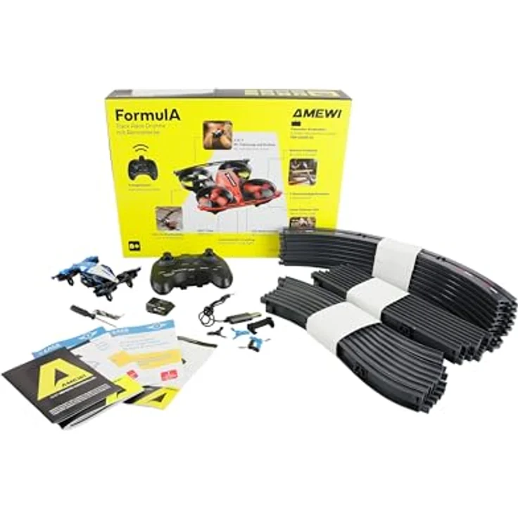 Amewi Formula Track Race Drohne, 2-in-1 Kombi mit Rennstrecke, 24 Teile, blau, RC ferngesteuert, schaltbare LED-Beleuchtung, drei Geschwindigkeitsstufen, Hindernisflug, Auto-Stabilisierung – Bild 2