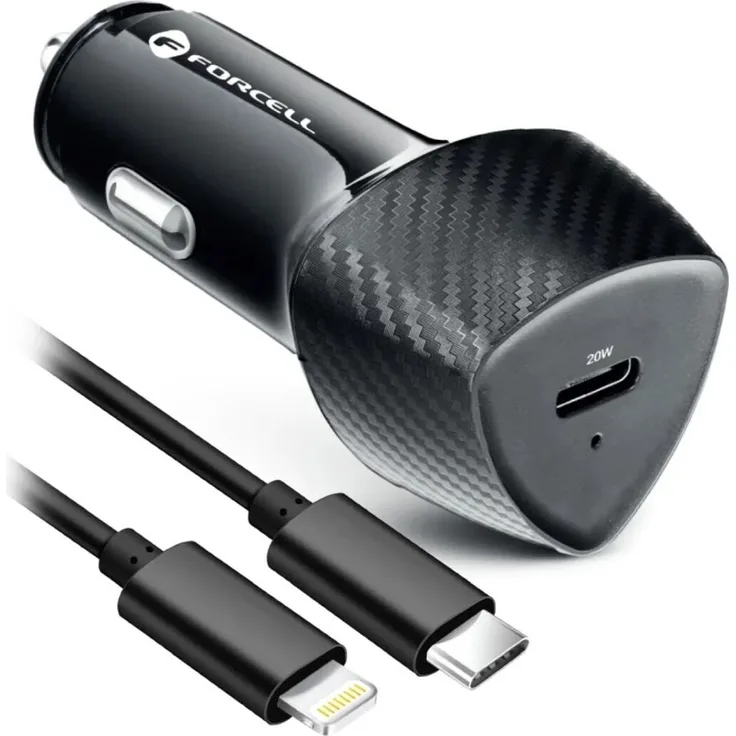 FORCELL CARBON Autoladegerät Typ C 3.0 PD20W CC50-1C, USB-C mit 20W Schnellladung + USB-C auf iPhone Kabel 1m