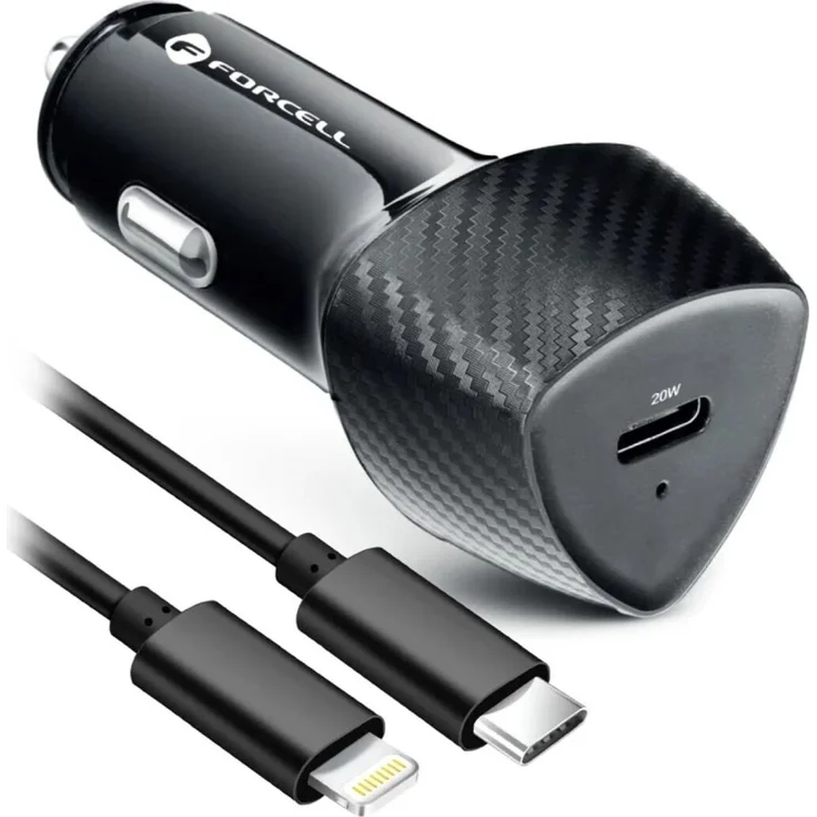FORCELL CARBON Autoladegerät Typ C 3.0 PD20W CC50-1C, USB-C mit 20W Schnellladung + USB-C auf iPhone Kabel 1m