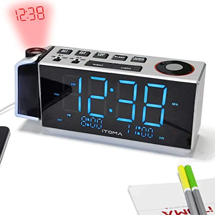 Projektionswecker mit UKW-Radio, USB-Aufladung, 1.8'' LED-Anzeige, Nachtlicht, Doppelalarm, Snooze, Dimmersteuerung, Nachttischuhr Radio iTOMA CKS509 – Bild 1