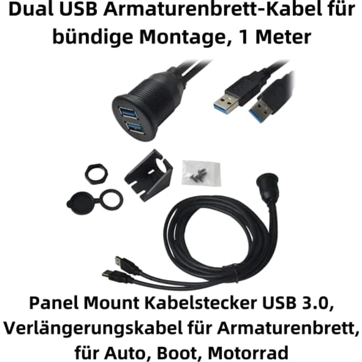 Aukson Q73C USB 3.0 Armaturenbrett Verlängerungskabel 100 cm – 2X USB Stecker-auf-Buchse, wetterfest, einfache Montage für Auto, Motorrad und Boot – Bild 2