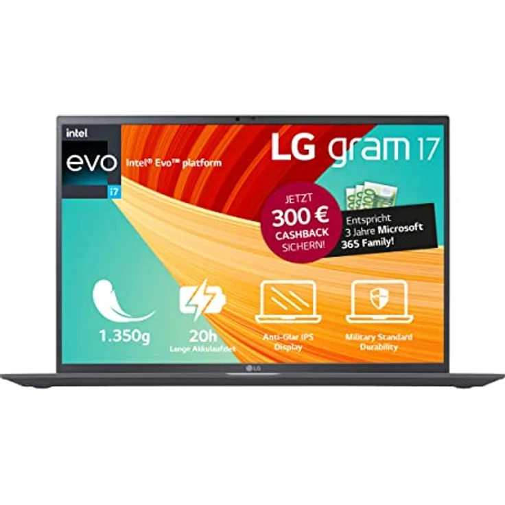 LG Gram 14Z90R-G.AA7 9G 17 Zoll Ultralight Notebook - 1.350g Intel Core i7 Laptop (16GB RAM, 1TB SSD, 20h Akkulaufzeit, 16:10 Entspiegeltes IPS-Display, Thunderbolt 4, Win 11 Home, Mirametrix) - Grau – Bild 1
