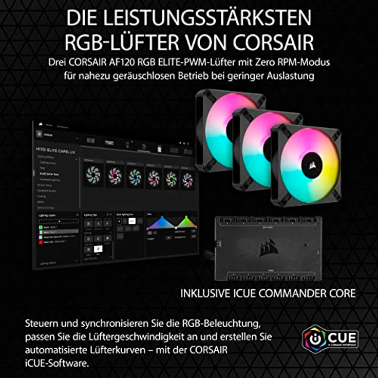 Corsair iCUE H150i ELITE CAPELLIX XT Liquid CPU Cooler - Drei AF120 RGB ELITE Lüfter - 360mm Radiator - Intel LGA 1700, 1200, 115X, 2066, AMD AM5, AM4 - Inklusive iCUE COMMANDER CORE - Schwarz – Bild 3