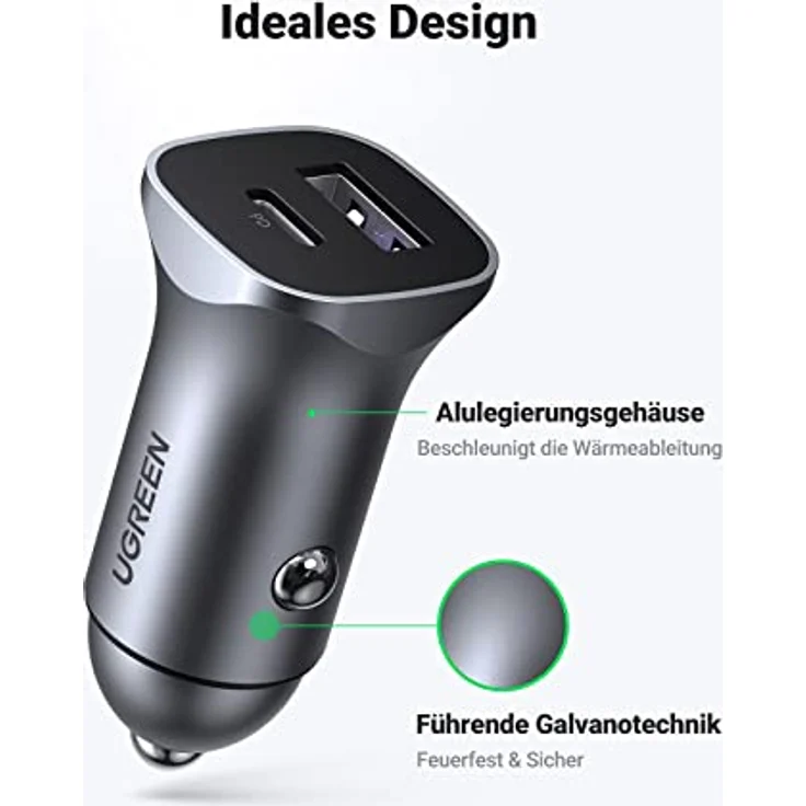 Ugreen USB-A / USB-C 30W Schnelles Autoladegerät mit PD PPS, graues Ladegerät für iPhone und Galaxy Smartphones – Bild 7